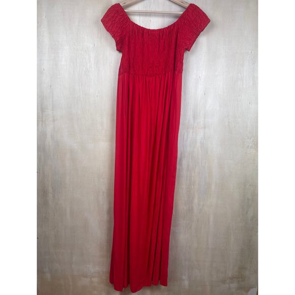 L4017 Oh! Mamma Maternity Off Shoulder Smocked Maxi Dress Size Large - Picture 6 of 7